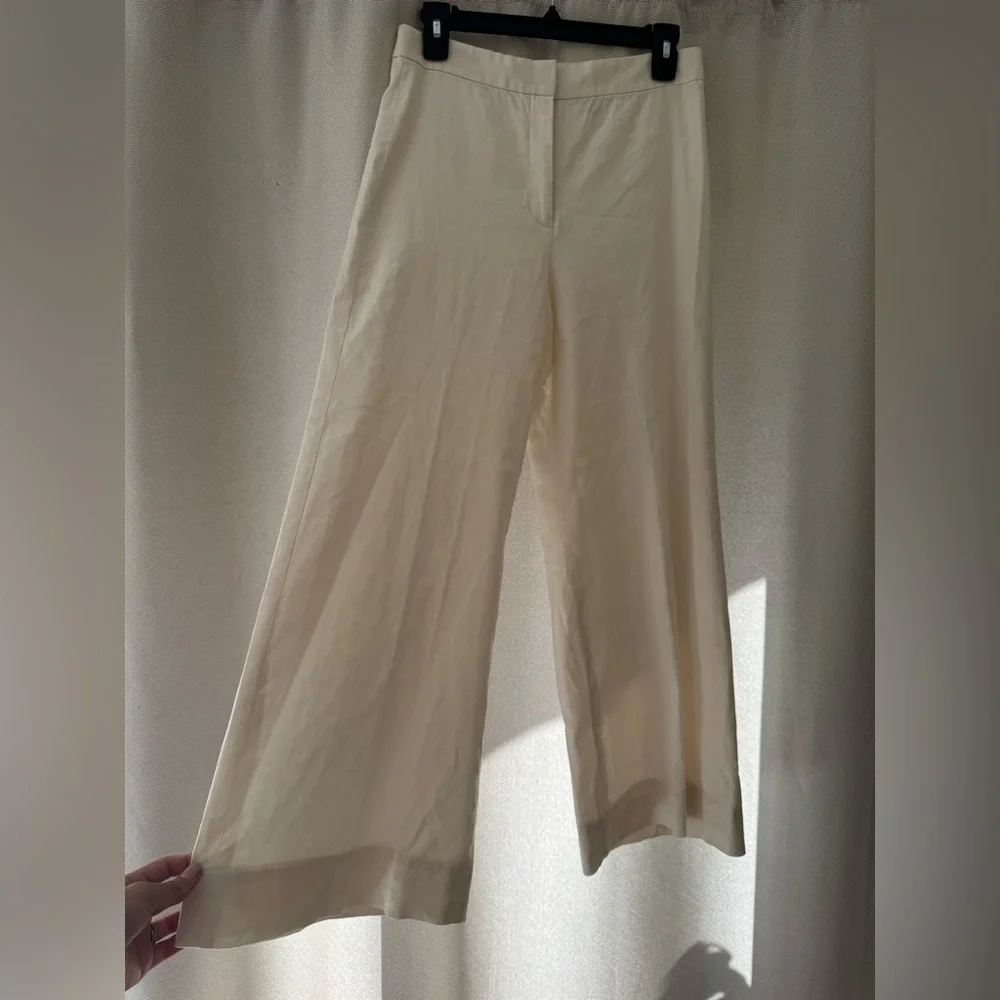Theory Linen Blend Wide Leg Pants Cream High Rise Minimalist Size 4 - Picture 4 of 8